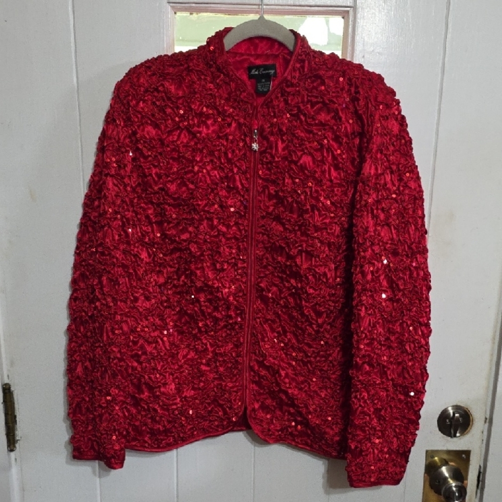 VTG Msk Evening Women's Jacket Blazer Red Sequins Scrunchy Zips Christmas 2X EUC